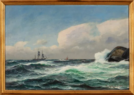 Seilskute og losbåt i opprørt sjø