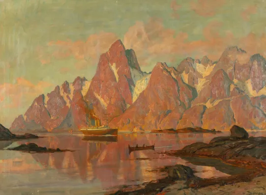 Nord-norsk landskap med dampbåt