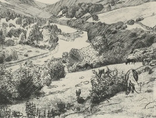 Heidalen med elva / Opplagte båter ved Lysakerbrua