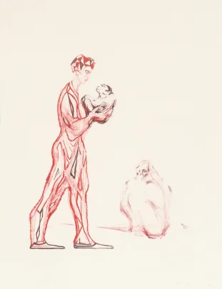 Rød harlekin og to aper