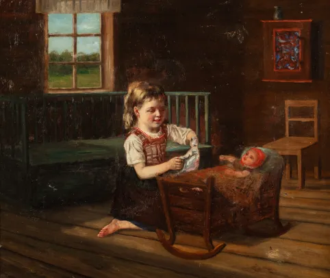 Bondeinteriør med lekende pike