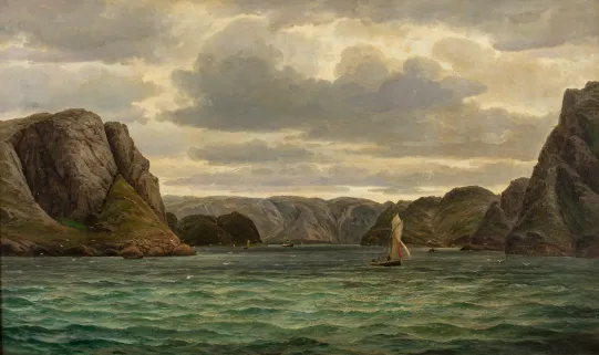 Opl. "Fjordlandskap med seilbåt"
