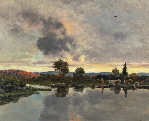 "Budeie med kyr ved vannet"