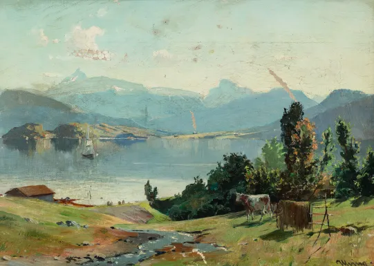 "Fjordlandskap med ku"