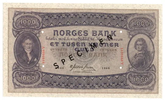 1000 kroner 1943 A.0994644 SPECIMEN