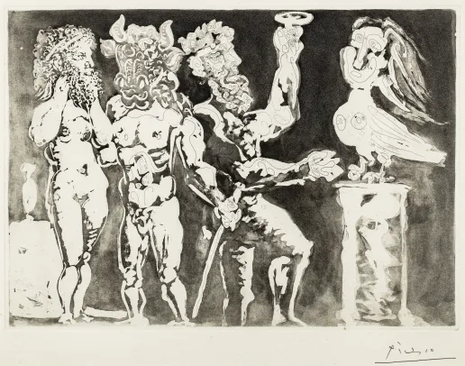 Two Men with Minotaur and Sculptured Bird