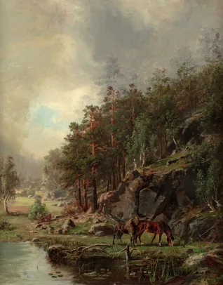 Landskap med gressende hester