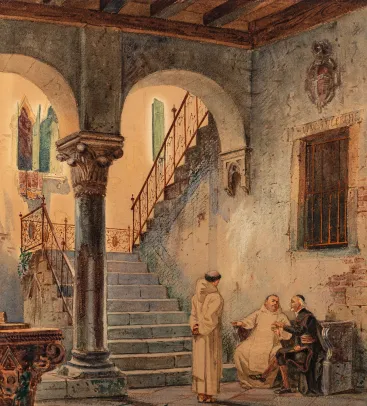 "Klosterinteriør med kardinal og to munker"