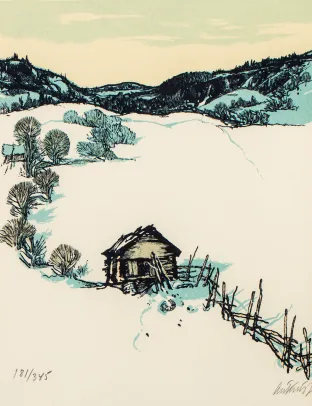 Vinterlanskap med bygging