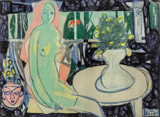 Sittende akt med blomstervase