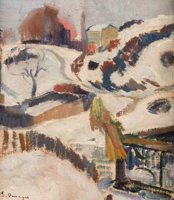 Vinterlandskap med hus