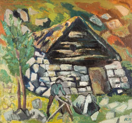 Landskap med vedsagende mann