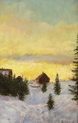 Vinterlandskap med hus