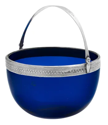 Sukkerskål i blått glass med montering i sølv