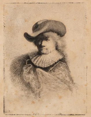 Selvportrett med myk hatt og brodert kappe