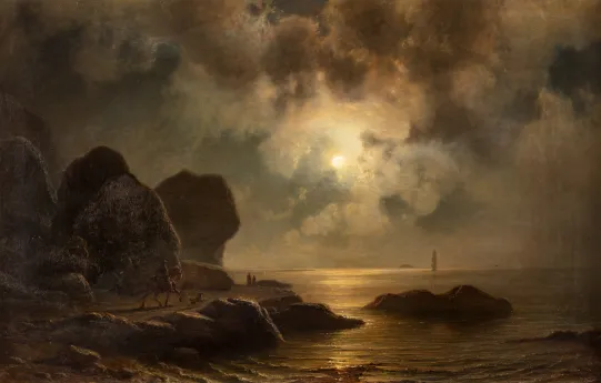 Kystlandskap med folkeliv i måneskinn