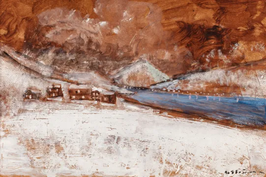 Vinterlandskap med hus