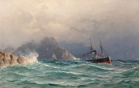 Kystlandskap med dampbåt og seilbåt i opprørt sjø