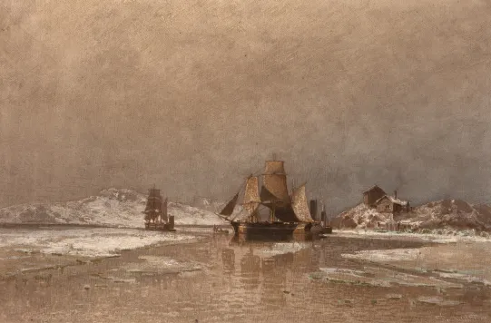 Kystlandskap med seilskuter, vinter