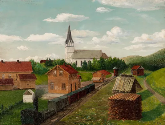 Landskap med jernbane og kirke