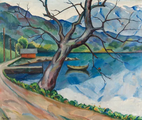 Landskap med båtnaust og pram