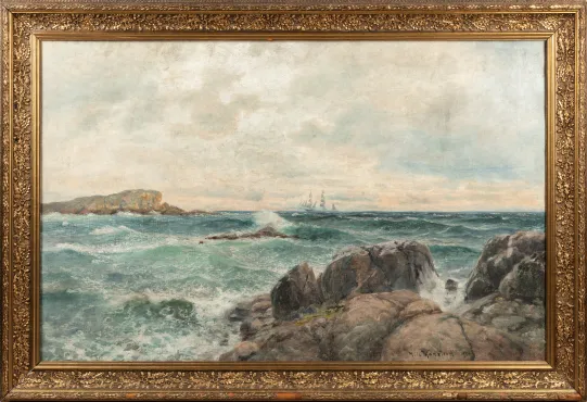 Opprørt hav med seilskute