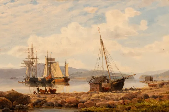 Marine med seilskuter og folkeliv